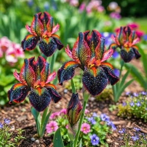 Peut inclure: Trois fleurs d'iris épanouies et un bouton fermé aux pétales violet foncé et noirs avec des nervures orange, jaunes et rouges éclatantes. Les pétales sont parsemés de points blancs et les fleurs sont portées par des tiges et feuilles vertes.