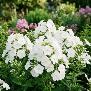 Può includere: Un grappolo di fiori di phlox bianchi con petali a cinque lobi e steli verdi. La pianta presenta teste floreali dense e arrotondate con piccoli boccioli verde chiaro intervallati tra i fiori bianchi completamente aperti e fogliame.