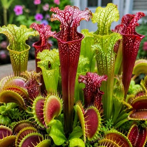 Peut inclure: Une collection de plantes carnivores comprenant des sarracénies tubulaires hautes dans des tons rouge profond et vert lime avec des nervures blanches complexes, entremêlées de dionées basses aux lobes rouges et aux dents marginales pointues.
