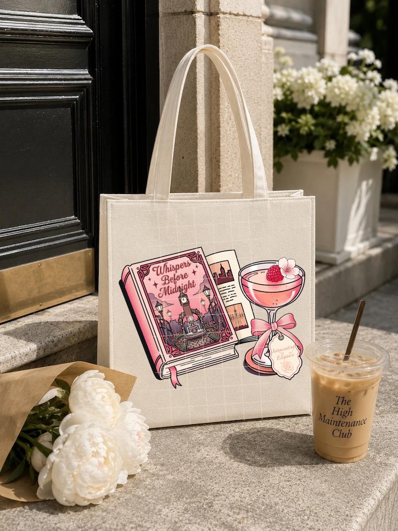 May include: A cream-colored canvas tote bag featuring a graphic print of an open book titled Whispers Before Midnight and a pink cocktail glass with a raspberry garnish. The bag has two top handles and a subtle grid pattern on the fabric surface.
