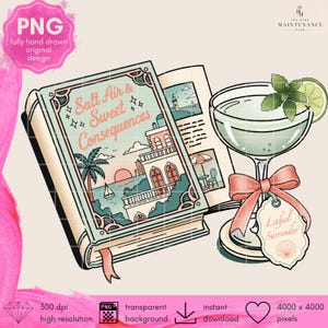 May include: A digital illustration featuring a book titled Salt Air & Sweet Consequences with a coastal scene on the cover, next to a cocktail glass garnished with a lime slice and mint, adorned with a pink bow and a tag labeled Lethal Surrender.