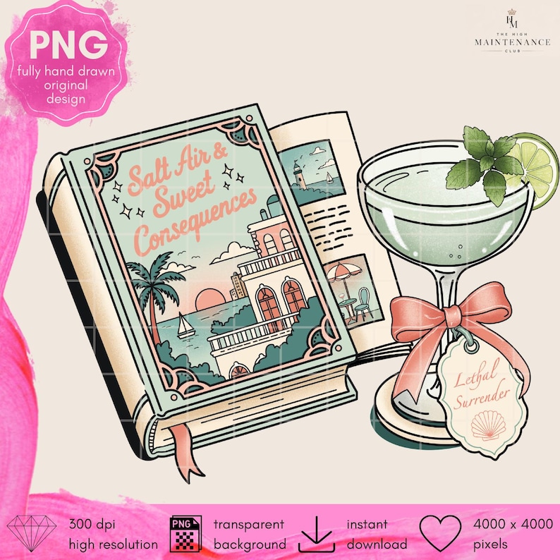 May include: A digital illustration featuring a book titled Salt Air & Sweet Consequences with a coastal scene on the cover, next to a cocktail glass garnished with a lime slice and mint, adorned with a pink bow and a tag labeled Lethal Surrender.