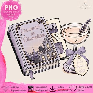 May include: A digital illustration of a book titled Crowned in Discretion with a purple cover featuring a city skyline and a balcony, next to a stemmed cocktail glass filled with a light liquid, a lavender sprig, and a tag labeled Velvet Defiance.