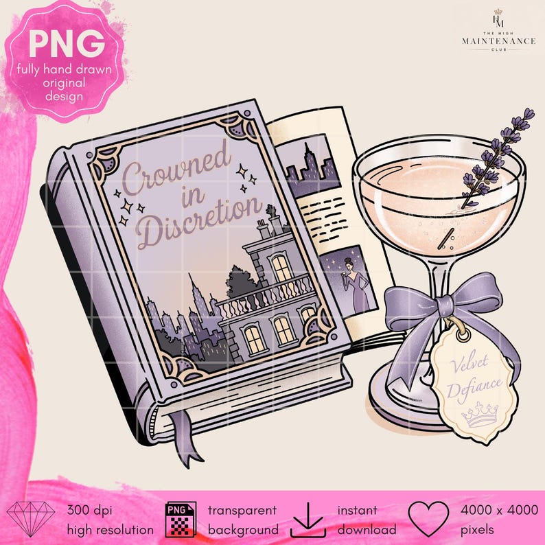 May include: A digital illustration of a book titled Crowned in Discretion with a purple cover featuring a city skyline and a balcony, next to a stemmed cocktail glass filled with a light liquid, a lavender sprig, and a tag labeled Velvet Defiance.