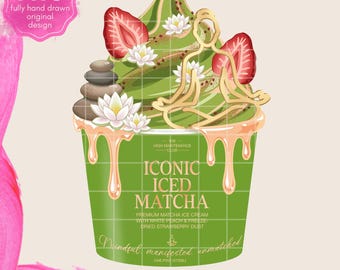 Ikonisk Iced Matcha PNG-grafik: Design för välbefinnande och livsstil (digital nedladdning)