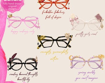 Bookish Tropes PNG Bundle, Reading Glasses Sublimation Clipart (Digital Download)