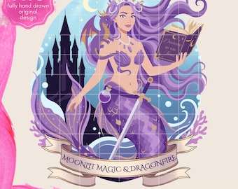 Sjöjungfrudrake Fantasy Reader Clipart: Månbelyst magi och drakelde (PNG-nedladdning)