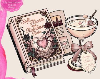 SMUT Romance Book Clipart: Pink Gothic Book, Cocktail and Roses Bookish (Digital Download)