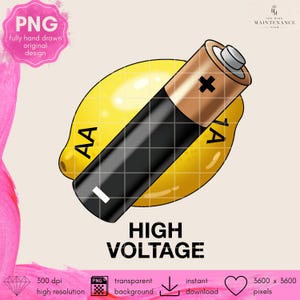 Op de afbeelding: Digitale illustratie van een gele citroen met een zwarte en bruine AA-batterij. De batterij heeft een plusteken en de tekst "1A". De woorden "HIGH VOLTAGE" staan onder de citroen en de batterij.