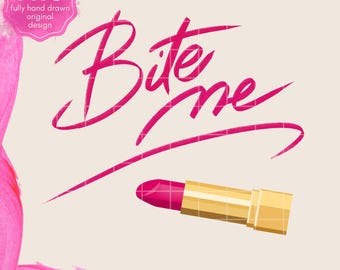 Bite Me Lipstick PNG, fräck magenta kalligrafi, guldfärgat rör (digital nedladdning)
