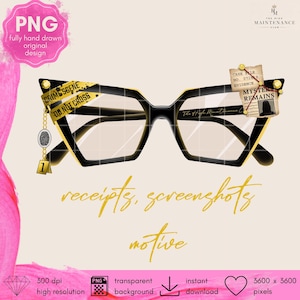 Könnte beinhalten: Schwarz-goldfarbene Brille mit Tatortband und Beweisanhängern. Der Text "receipts, screenshots, motive" ist in goldener Schrift unter der Brille geschrieben. Das Bild enthält auch den Text "PNG vollständig handgezeichnetes Originaldesign".