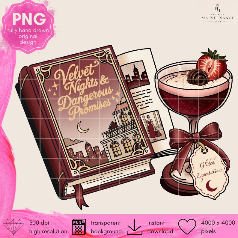 May include: A digital illustration featuring a book titled Velvet Nights & Dangerous Promises with a city skyline and crescent moon on the cover, next to a stemmed cocktail glass garnished with a strawberry and chocolate, tied with a bow and tag.