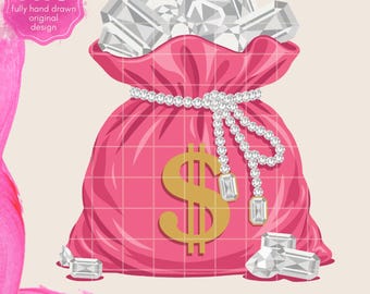 Rosa pengapåse-grafik med diamanter, lyxig livsstil PNG (digital nedladdning)