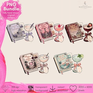 May include: A digital PNG bundle featuring five illustrations of open books paired with matching cocktail glasses. Each book cover displays unique titles like Crowned in Discretion, Whispers Before Midnight, Velvet Nights, Soft Hearts, and Salt Air & Sweet Consequence.