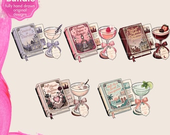 Bokliknande cocktail PNG-paket, romantisk bok Clipart, BookTok (digital nedladdning)