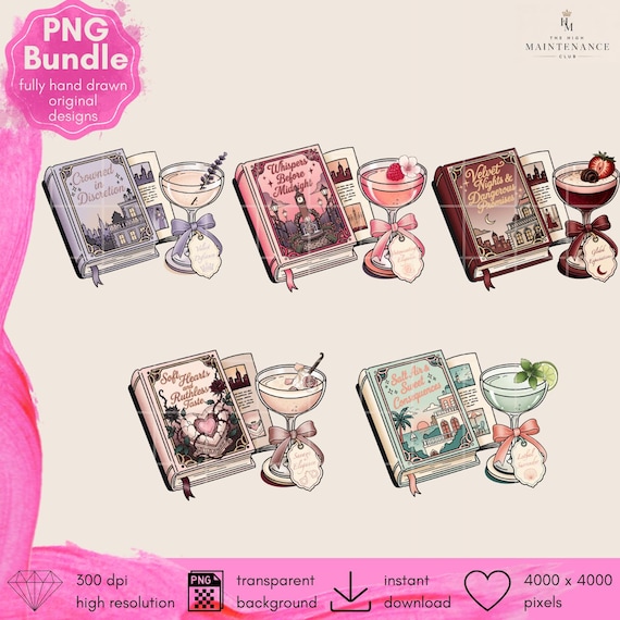 Bookish Cocktail PNG Bundle, Romance Book Clipart, BookTok Aesthetic Digital Download, Sublimation Graphic, Book Lover Gift, Fantasy Romance
