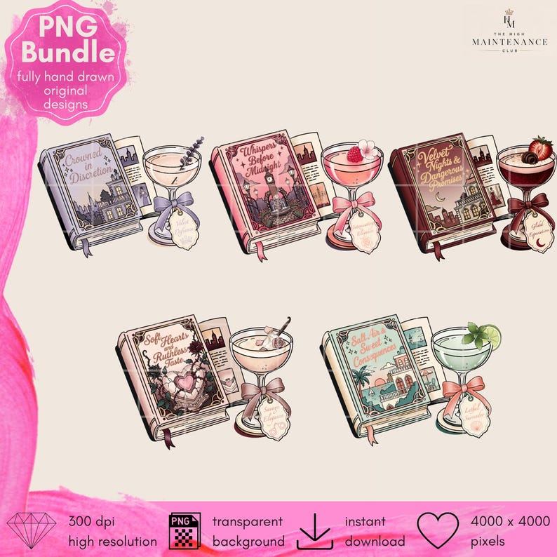 May include: A digital PNG bundle featuring five illustrations of open books paired with matching cocktail glasses. Each book cover displays unique titles like Crowned in Discretion, Whispers Before Midnight, Velvet Nights, Soft Hearts, and Salt Air & Sweet Consequence.