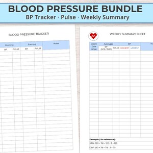 May include: A blood pressure bundle featuring two printable sheets. The first is a Blood Pressure Tracker with columns for date, morning and evening BP and pulse, and notes. The second is a Weekly Summary Sheet with columns for averages, BP, pulse, and notes.