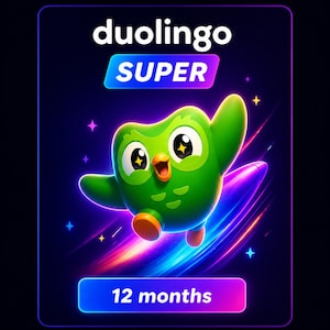 May include: A digital graphic featuring the Duolingo owl mascot in green, with the word "SUPER" above it. The image has a dark blue background with colorful streaks and the text "12 months" at the bottom.