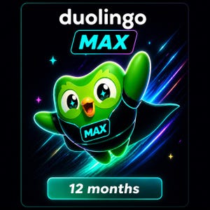 May include: A digital graphic featuring the Duolingo owl character in a superhero pose. The owl is green with a black cape and the word "MAX" is displayed. The image includes the text "duolingo MAX" and "12 months" on a black background with neon streaks.