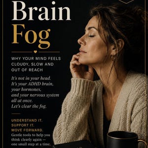 Może przedstawiać: Cyfrowy przewodnik zatytułowany Unmasked ADHD in Women: Brain Fog, zawierający tekst o jasności umysłu, hormonach i układzie nerwowym. Czarny notatnik ze złotym napisem i czarny kubek ze złotym napisem pod osobą w beżowym kardiganie.