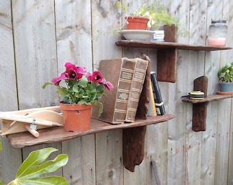 Rustic/ driftwood shelves in locally sourced, old recycled wood with medium dark wax finish.