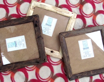 Rustic/driftwood style frames in locally sourced,recycled wood.Medium dark,Very dark or clear beeswax finish.To fit 8"x8".Free U.K. shipping
