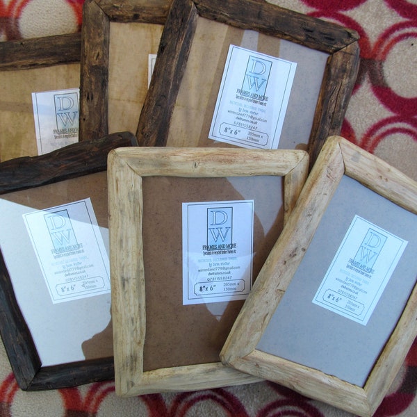 Rustic/driftwood style frames in locally sourced,recycled wood to fit 8"x6".Natural,Medium dark or Very dark beeswax finish.FREE U.K postage