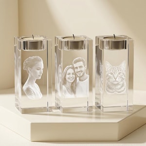 Gepersonaliseerde 3D kristallen fotokaarsenhouder, gepersonaliseerde gravure van hond, kat, gezin of stel, gedenkwaardig aandenken