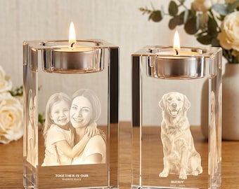 Personalized 3D Crystal Photo Candle Holder | Custom Dog Cat Family Memorial Gift | Laser Engraved Keepsake
