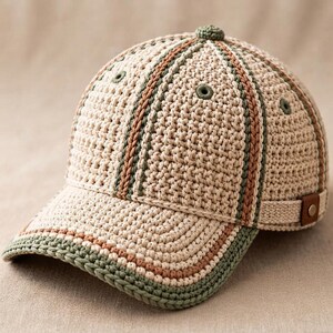 Könnte beinhalten: Eine Baseballkappe aus gehäkeltem Garn in beiger Grundfarbe mit vertikalen Streifen in Salbeigrün und Terrakottabraun. Die Kappe hat eine abgerundete Krone mit einem kleinen Knopf oben, gestickten Ösen und einem gebogenen Schirm.