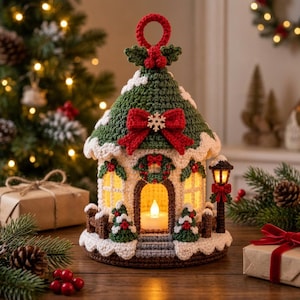 May include: A crocheted Christmas house ornament featuring a green roof with a red bow, white snow accents, and a central archway. The structure includes a small lamp post, miniature trees, and a warm glowing light inside the main chamber.