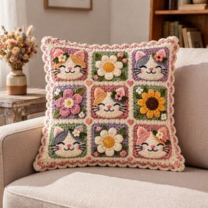 May include: A square crochet cushion featuring a grid of nine squares. The design includes four cat faces with floral accents and five squares displaying various flowers, including a sunflower, daisies, and pink blossoms, all bordered by a scalloped edge.