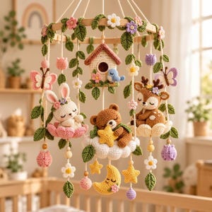 May include: A crochet nursery mobile featuring a wooden ring adorned with green leaves, colorful flowers, and butterflies. Hanging elements include a birdhouse with a blue bird, a sleeping white rabbit, a brown bear holding a yellow star, and a deer.