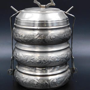 Vintage 3-Tier Bento Lunch Box Silver-Plated Copper