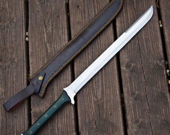 Handmade Bowie Machete – Stainless Steel High Carbon Blade with Leather Sheath, Survival Style Fixed Blade Knife, Collector Display & Gift