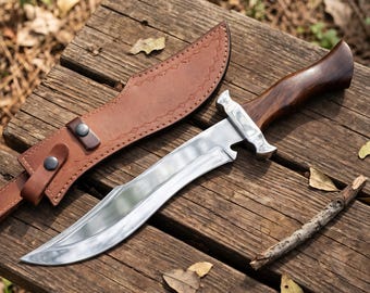 Handgjord Bowie-kniv med läderslida, utomhuskniv med fast blad, campinggåva, samlarobjekt, rustik present till män
