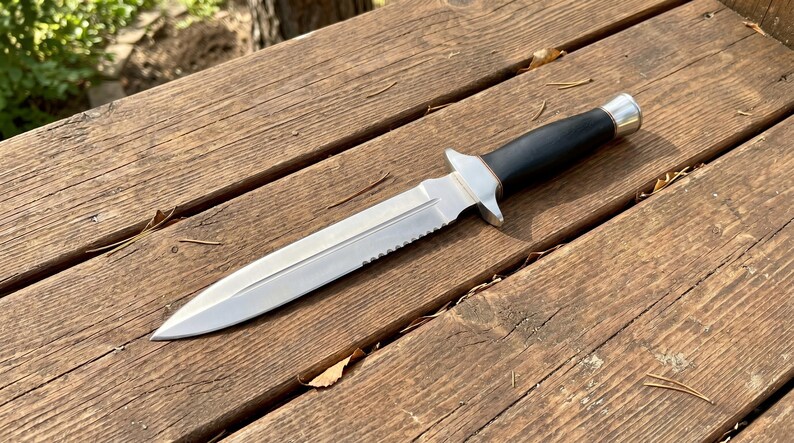 May include: A silver and black dagger with a serrated edge and a black handle. The dagger is lying on a weathered wooden surface, showcasing its sharp design and craftsmanship. The blade is pointed and the handle has a silver metal cap.