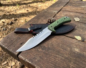Handgjord Bowie-kniv med läderslida, utomhuskniv med fast blad, campinggåva, samlarobjekt, rustik present till män