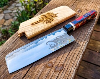 Handmade Nakiri Chef Knife – Carbon Steel Kitchen Knife with Octopus Engraving, Resin Handle & Wooden Saya, Gift for Chef