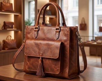 Handmade Full Grain Leather Tote Bag with Laptop Compartment, Durable Work Shoulder Bag, Office Tote, Everyday Carry, Gift
