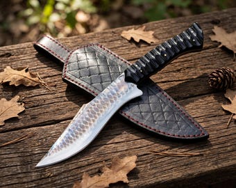 Handgjord Bowie-kniv med läderslida, utomhuskniv med fast blad, campinggåva, samlarobjekt, rustik present till män