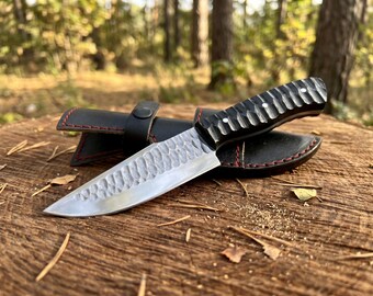 Handgjord kniv i rostfritt stål med fast blad och läderslida, full tånge för utomhusbruk, campinggåva, samlarobjekt