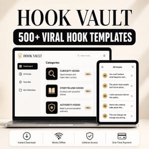 Może przedstawiać: Cyfrowa prezentacja produktu zatytułowana HOOK VAULT 500+ VIRAL HOOK TEMPLATES pokazująca interfejs laptopa i tabletu. Ekrany zawierają kategorie takie jak Curiosity, Storytelling i Authority z listami przykład&oacute;w tekstowych i ikonami.