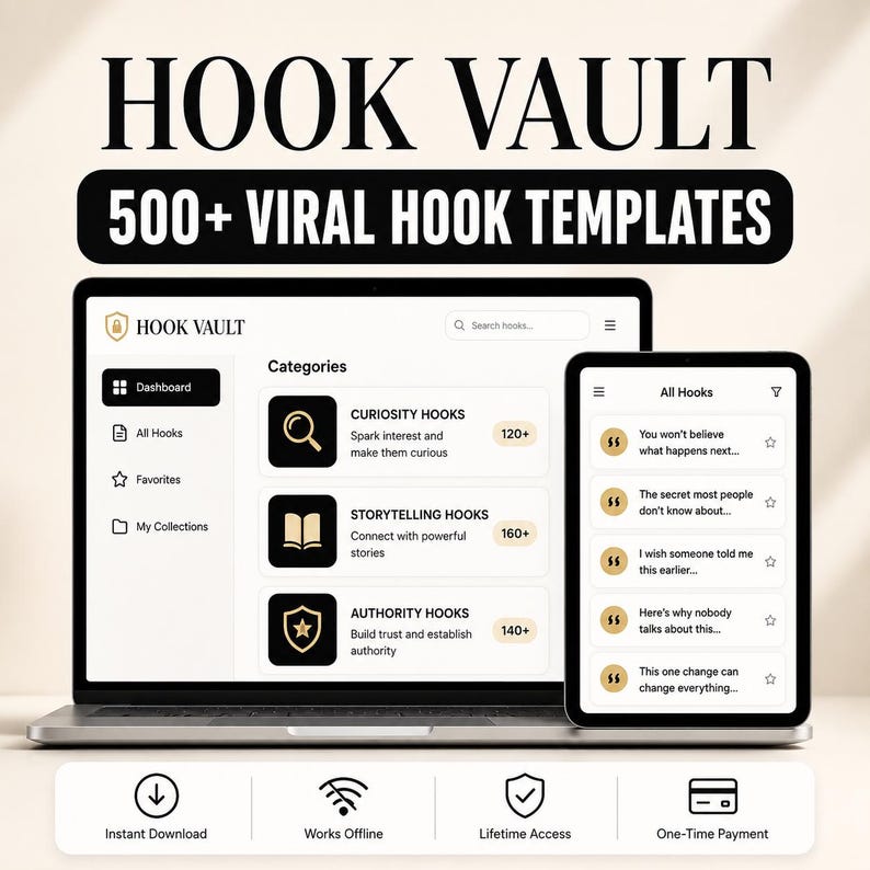 Może przedstawiać: Cyfrowa prezentacja produktu zatytułowana HOOK VAULT 500+ VIRAL HOOK TEMPLATES pokazująca interfejs laptopa i tabletu. Ekrany zawierają kategorie takie jak Curiosity, Storytelling i Authority z listami przykład&oacute;w tekstowych i ikonami.