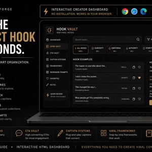 Może przedstawiać: Ekran laptopa wyświetlający pulpit nawigacyjny ContentForge Hook Vault z ciemnym interfejsem. Tekst brzmi Find the Perfect Hook in Seconds, zawierający opcje wyszukiwania, filtrowania i kategorii dla narzędzi do tworzenia treści i przykład&oacute;w.