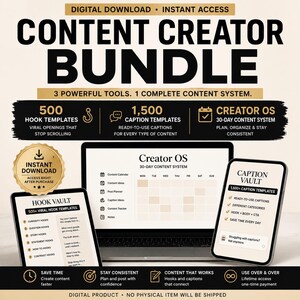 Content Creator Bundle, 500 Viral Hooks, 1500 Caption Templates, Social Media Planner, Digital Download