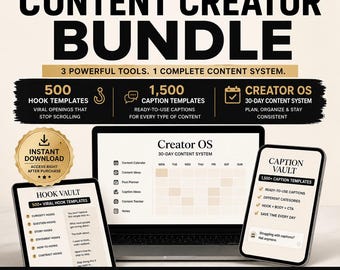 Content Creator Bundle, 500 Hook Templates, 1500 Caption Templates, Social Media Planner, Digital Download