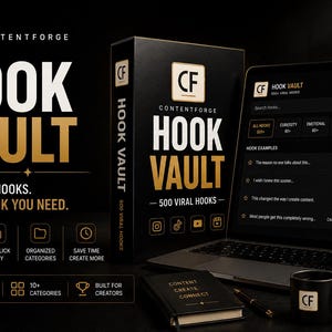Może przedstawiać: Czarne pudełko z napisem ContentForge Hook Vault 500 Viral Hooks obok laptopa i smartfona wyświetlających interfejs cyfrowy z przykładami haczyk&oacute;w. Widoczny jest r&oacute;wnież czarny notatnik z napisem Content Create Connect oraz czarny kubek.