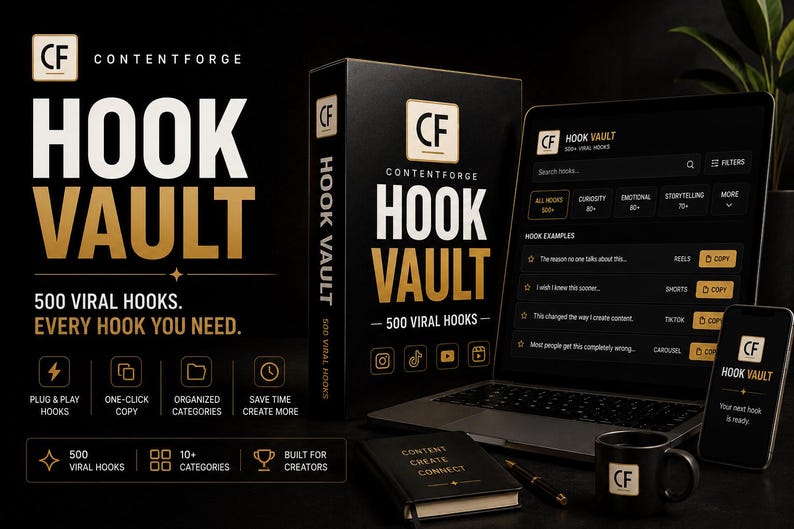 Może przedstawiać: Czarne pudełko z napisem ContentForge Hook Vault 500 Viral Hooks obok laptopa i smartfona wyświetlających interfejs cyfrowy z przykładami haczyk&oacute;w. Widoczny jest r&oacute;wnież czarny notatnik z napisem Content Create Connect oraz czarny kubek.